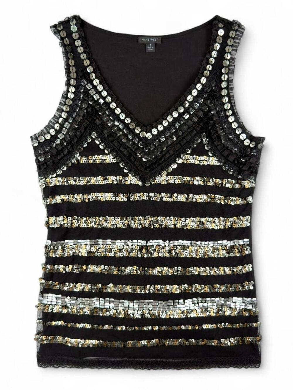 Nine West black sequin tank top with V-neckline